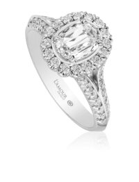 Oval diamond engagement ring with halo and diamond split shank design