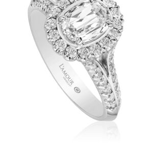 Oval Diamond Engagement Ring with Halo and Diamond Split Shank Design