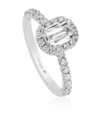 Simple halo engagement ring with diamond band