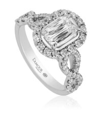Classic halo engagement ring with diamond twist band design