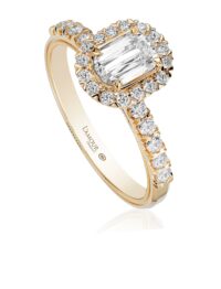 Yellow gold halo engagement ring with classic diamond band